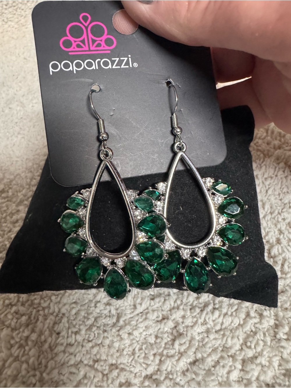 Paparazzi Silver Frame Emerald Green Teardrop Dangle Earrings